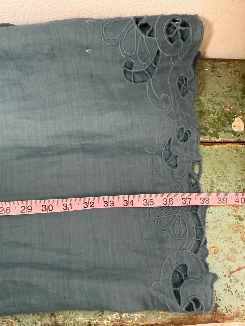 Sundance Blue Gray Embroidered Ramie Shift Dress XXL Boho Cutwork Lace Feminine